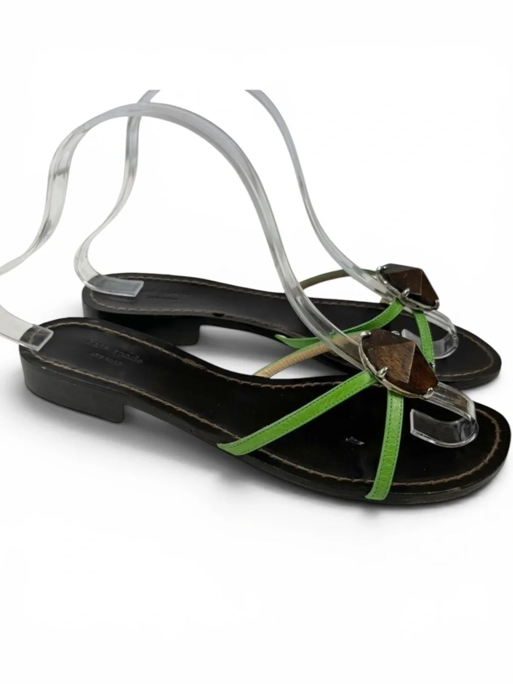 Kate Spade Green Leather Flat Sandals with wooden center ornament.